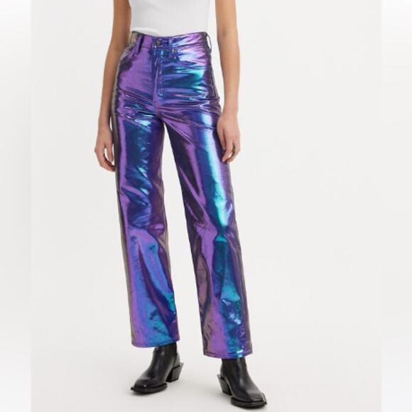 NEW Levi’s Premium purple metallic iridescent Ribcage straight ankle jeans, 26 - Picture 2 of 13